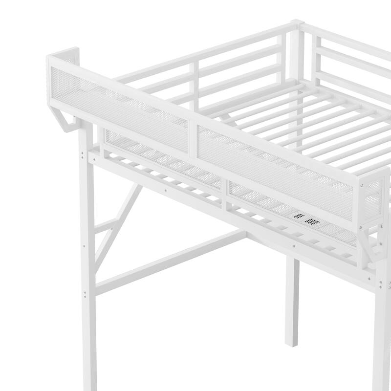 Iron Loft Bed Frame with Desk, Charging Station, Bedside Shelf and Wardrobe, Heavy Duty Metal Loftbed with LED Lights