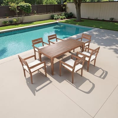 7-Piece Acacia Wood Outdoor Dining Set with Cushioned Chairs, Rectangular Patio Table for Backyard, Balcony or Garden Use