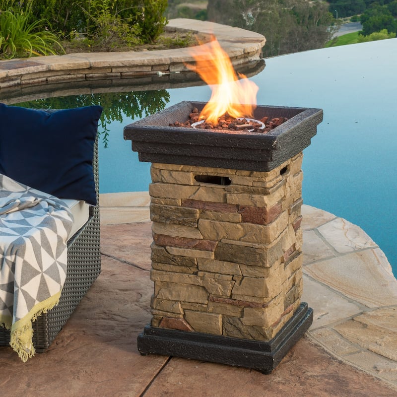 Roomfitters Outdoor Gas Fire Pit with Realistic Stone-Look Magnesium Oxide Column, Weather-Resistant Patio Heater, Beige
