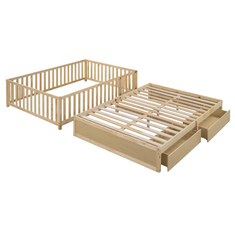 Pine Wood Daybed Floor Bed Frame with Fence Guardrails and 2 Drawers, Converts into Two Individual Beds, No Box Spring Needed