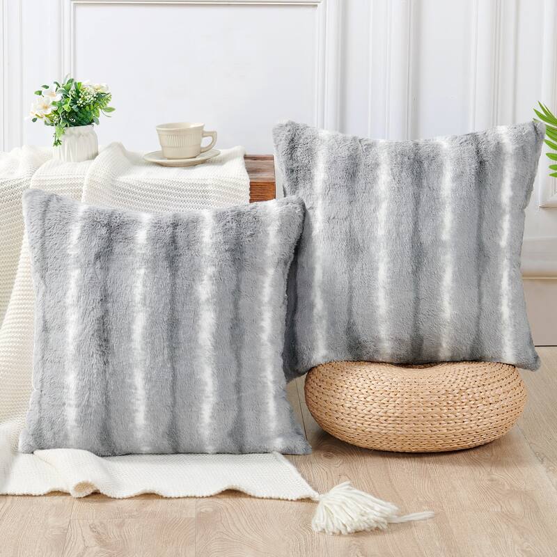 Amanda Stripe fauxfur Throw Pillow Covers Set of 2, NO INSERT - Silver