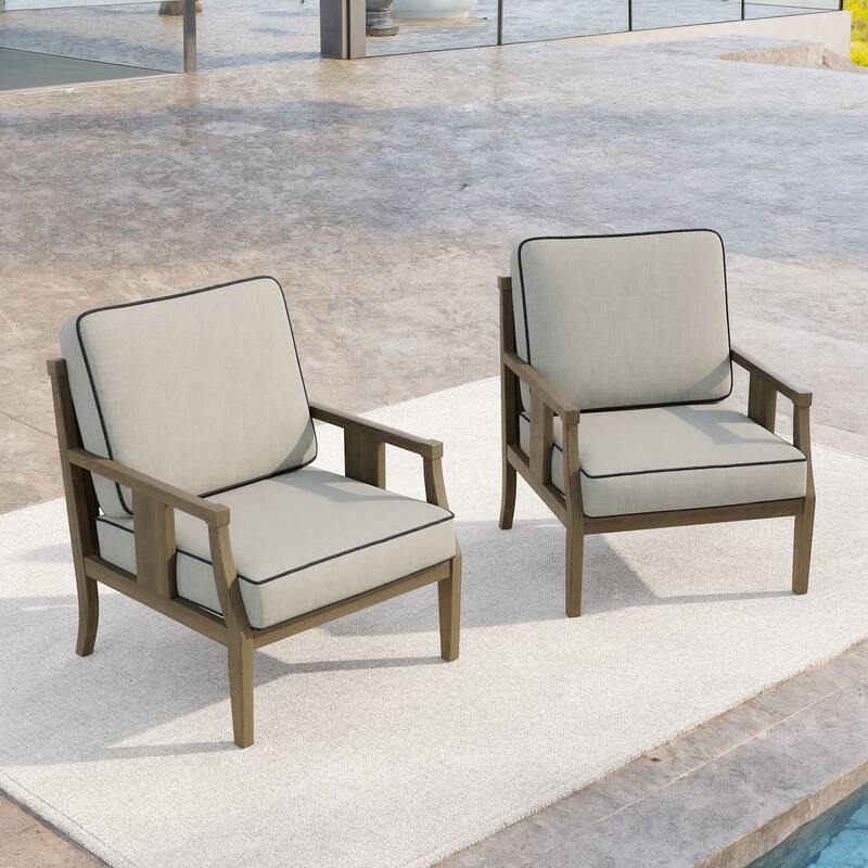 Set of 2 Outdoor Teak Wood Armchairs with Cushions, Patio Club Chairs