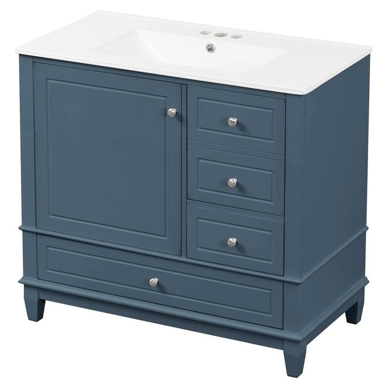 Roomfitters 36" Bathroom Vanity with Ceramic Sink, Solid Wood Frame, 3 Drawers & Soft-Close Door with Racks