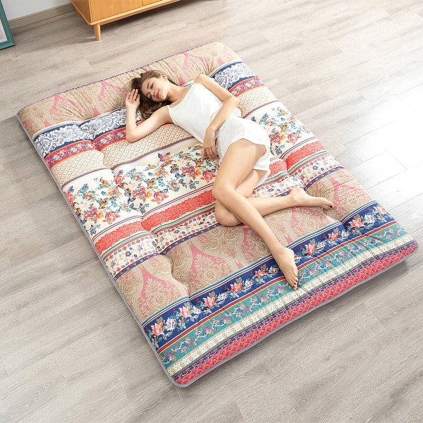 slide 2 of 8, Boho Floral Pattern Japanese Floor Futon Mattress Boho 3 - Queen