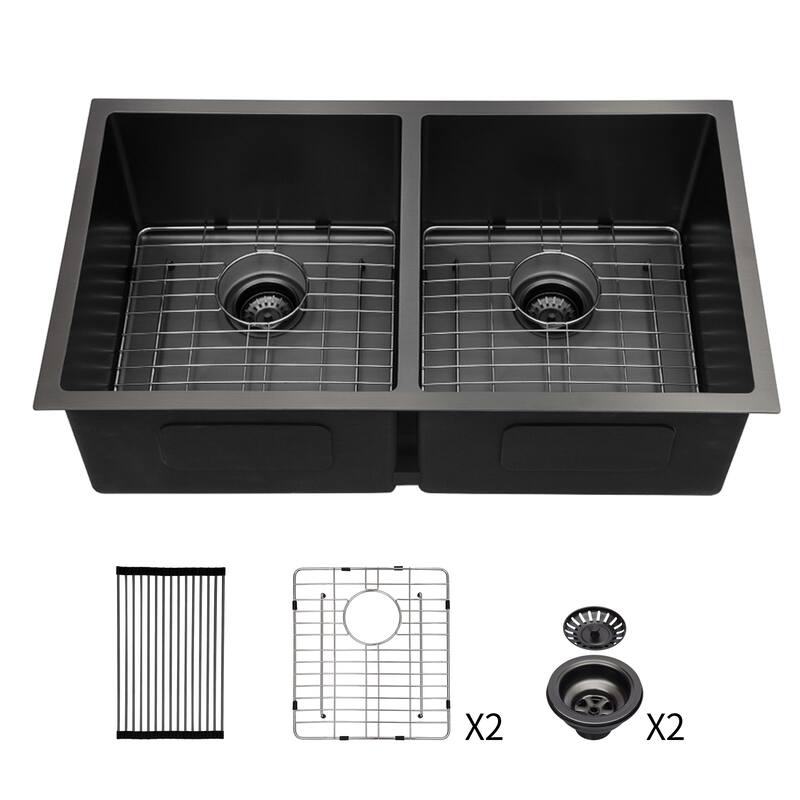 Undermount 16 Gauge Double Bowl Stainless Steel Kitchen Sink in Gunmetal Black - 33'' x 19'' x 10''
