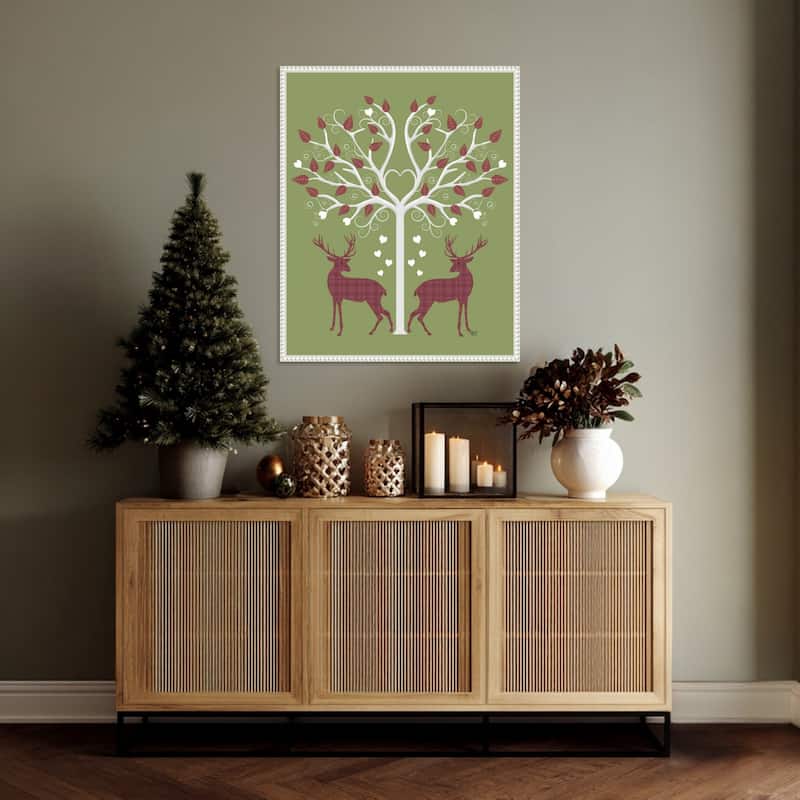Christmas Des Deer and Heart Tree Pink On Green by Fab Funky (23 x 28 in.), Framed Canvas Wall Art Print - Sylvie Beaded White