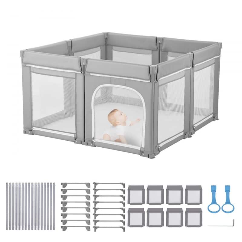 Foldable Grey Baby Fence with Mesh Walls Modular Playpen Design for Indoor and Outdoor Use - 50" x 50" x 27.36"