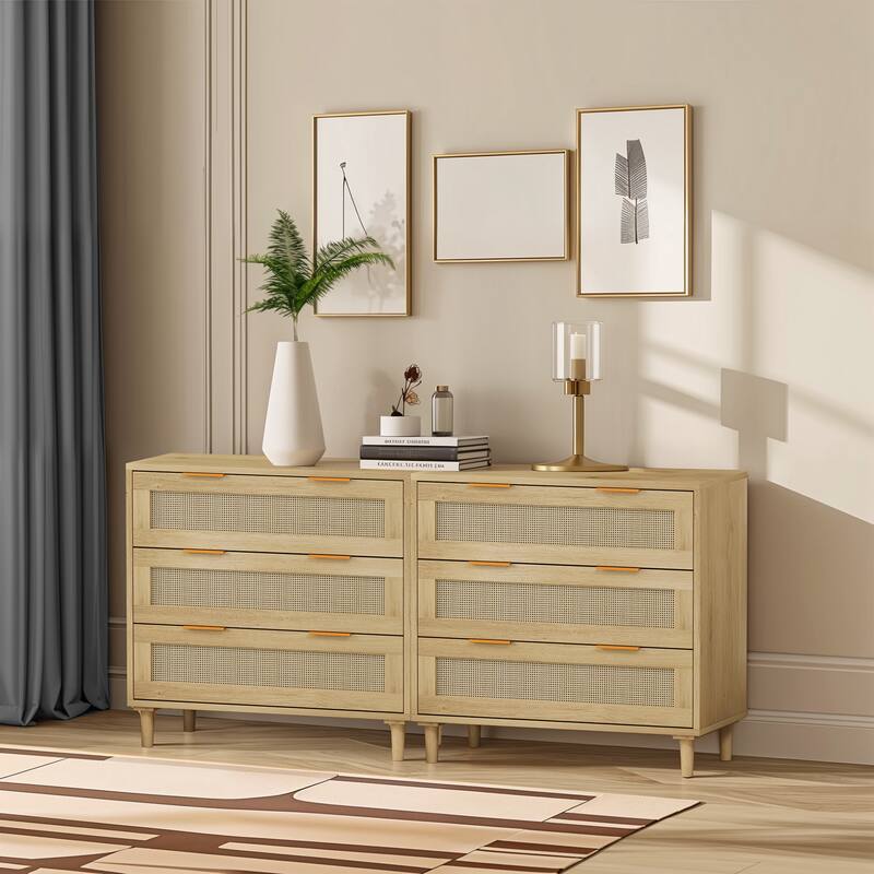 Rattan 3-Drawers Buffet Storage Cabinet (Set of 2) - Natural