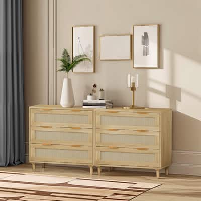 Rattan 3-Drawers Buffet Storage Cabinet (Set of 2)
