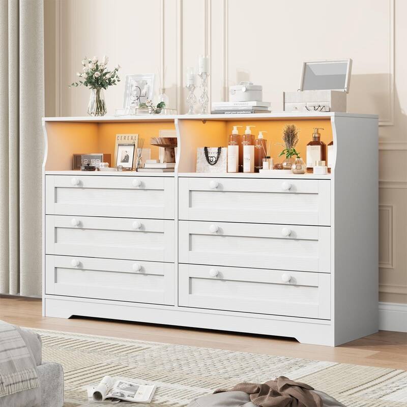 6 Drawer Dresser for Bedroom, 55" Wood Chest of Drawers with Charging Station, LED Lights and 2 Storage Compartments