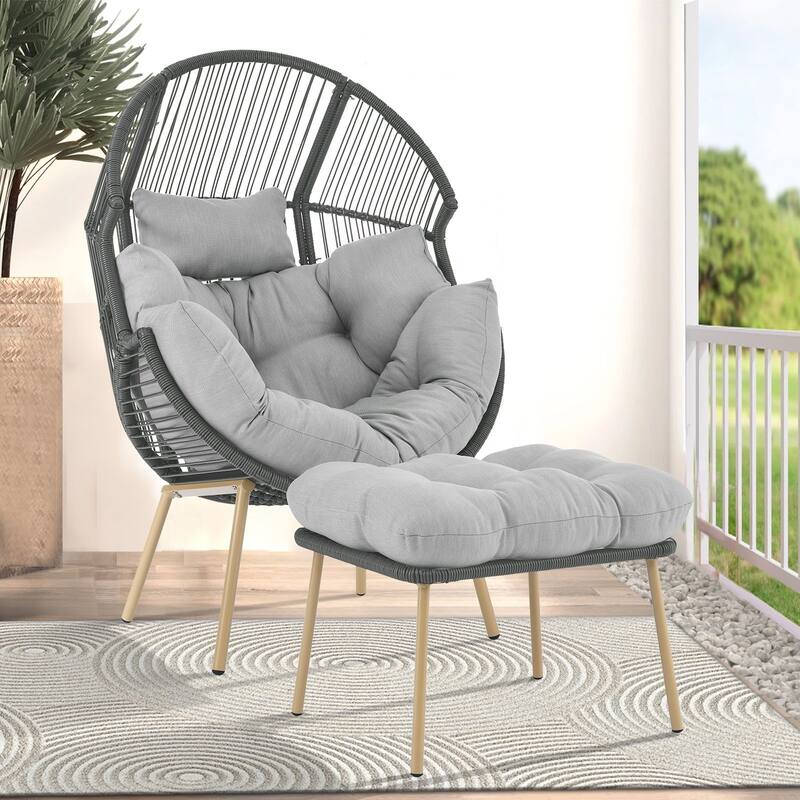 Outdoor Wicker Egg Chair with Ottoman Set - Light Grey - Dark Grey