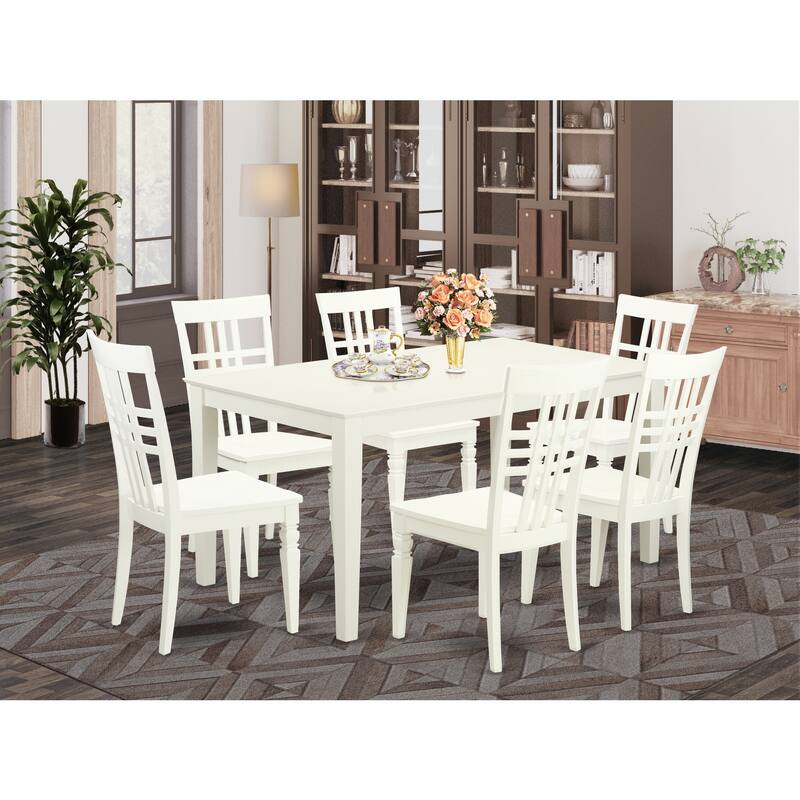 HomeStock 7-Piece Linen White Finish Solid Wood Top Dining Table with 6 Chairs with Lattice Back
