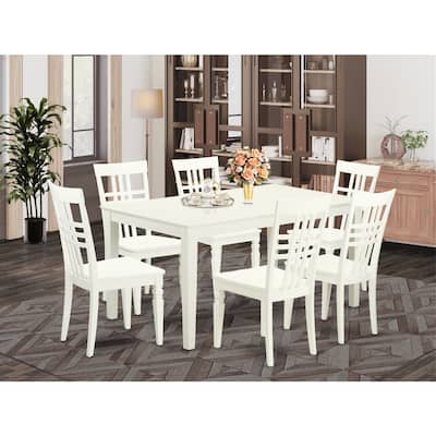 HomeStock 7-Piece Linen White Finish Solid Wood Top Dining Table with 6 Chairs with Lattice Back