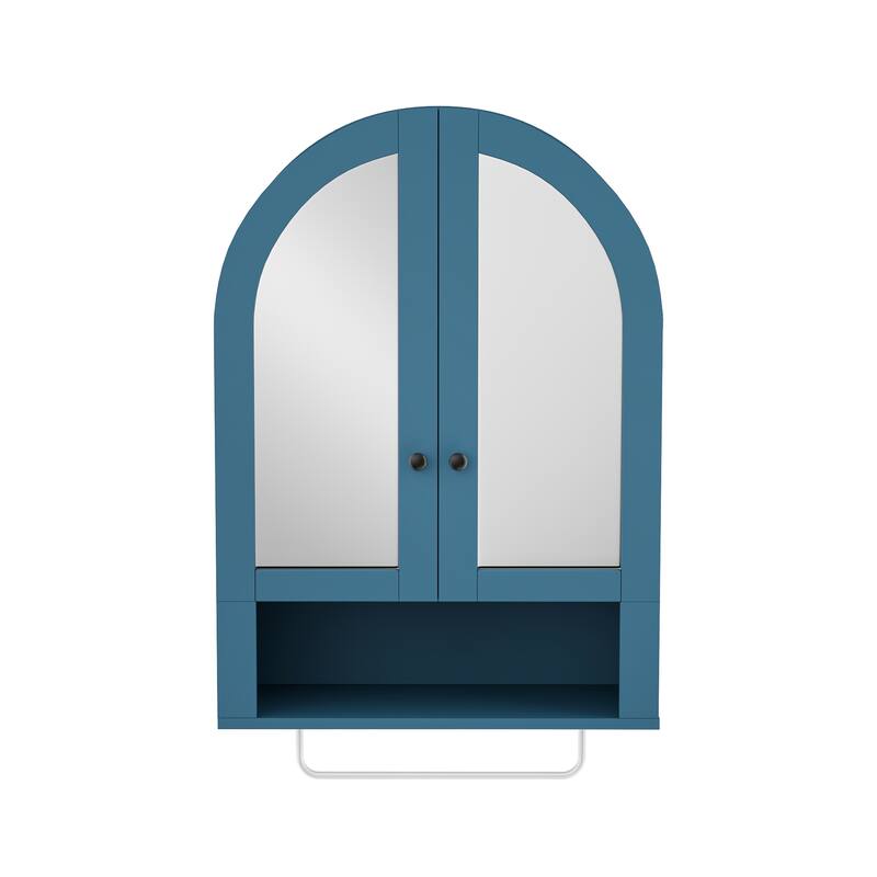 Wall Mounted Arched Cabinet with Mirrored Doors and Adjustable Shelves for Laundry Room, Bathroom, Kitchen - Turquoise