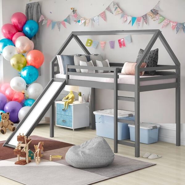 slide 2 of 9, Twin Size Loft Bed House Bed with Slide and Solid Construction for Home Grey
