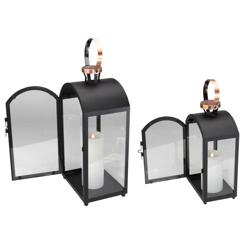 Set of 2 Black Metal Dome Lanterns with Copper Handle 20"
