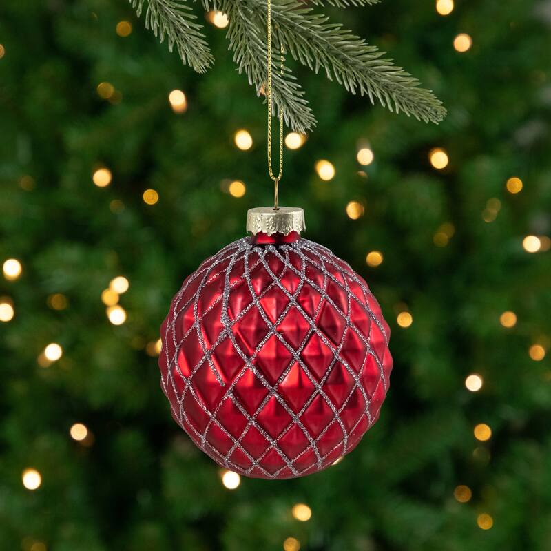 Glittered Glass Christmas Ball Ornament - 3.25" - Red and Silver