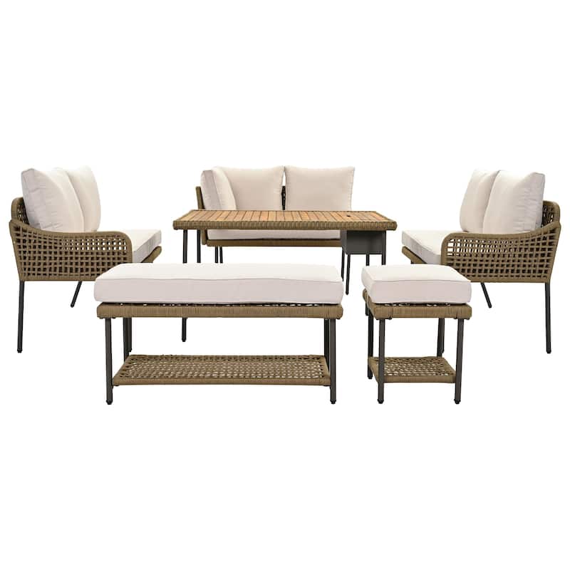 6-Piece Modular L-Shaped Conversation Set, Sectional Sofa Set with Cushions, Acacia Wood Table with Ice Box, Metal Frame