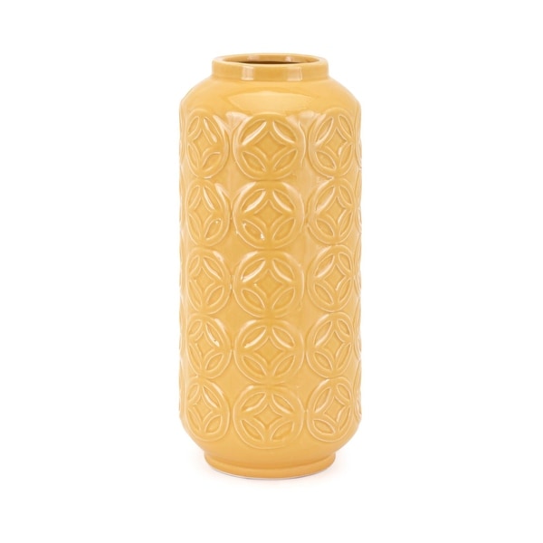 13.5" Small Butterscotch Glazed Embossed Pattern Ceramic Vase - N/A