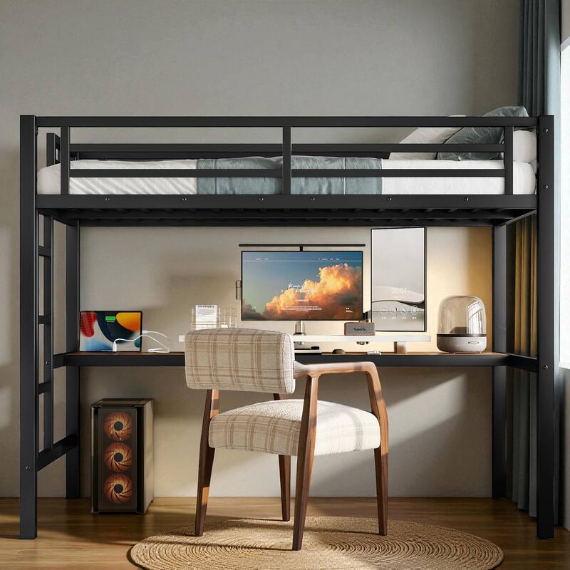 Metal Twin/Twin XL Loft Bed with Desk, Power Outlet & LED Lights, Space-Saving Noise-Free Frame for Study or Gaming Area - Black - Twin