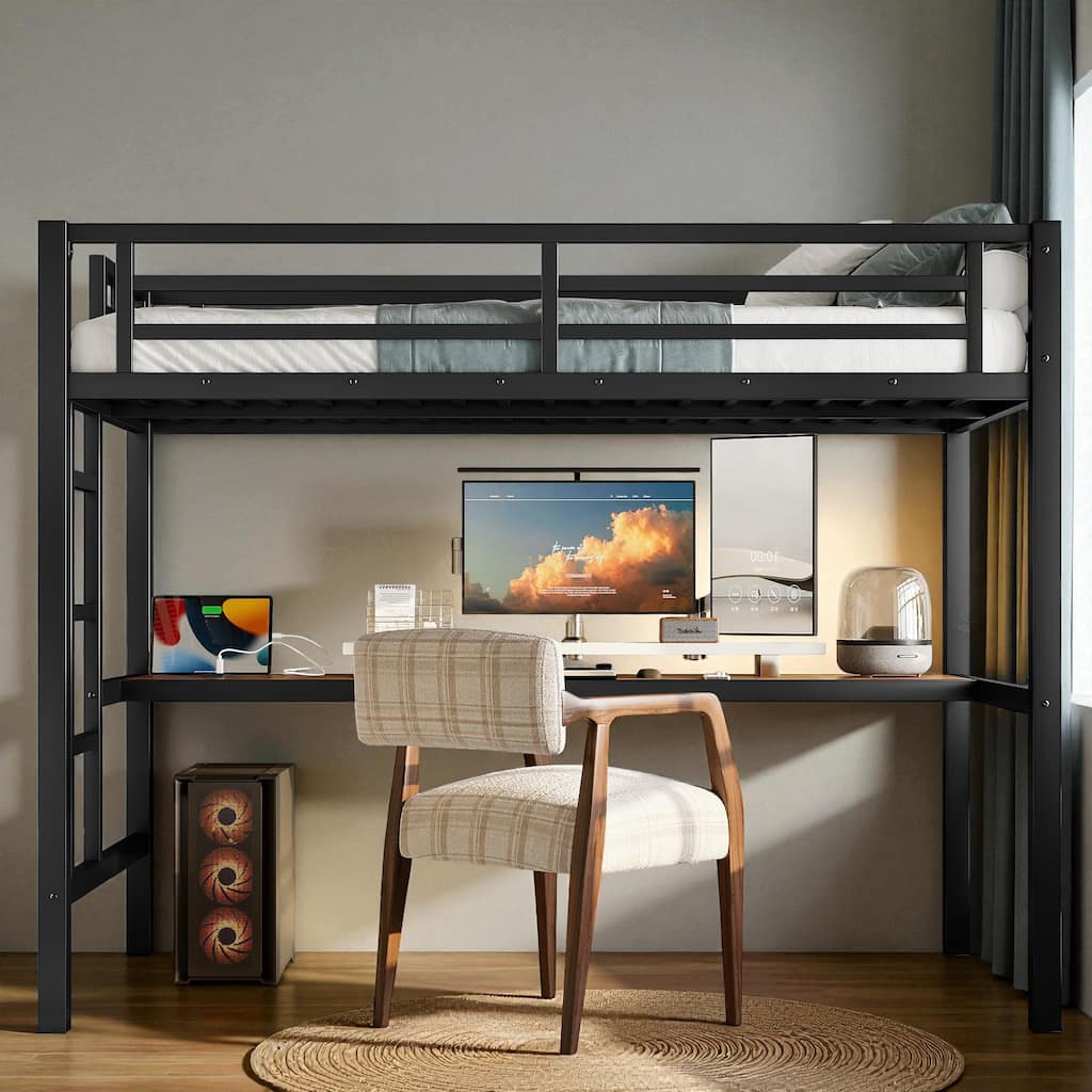 Metal Twin/Twin XL Loft Bed with Desk, Power Outlet & LED Lights, Space-Saving Noise-Free Frame for Study or Gaming Area