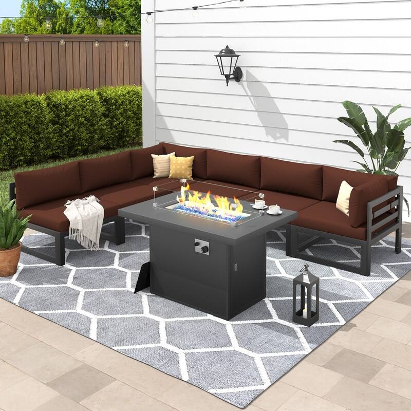 7 Piece Aluminum Patio Furniture Set with Fire Pit Propane/Gas, 29 inch Deep Wide Seat Aluminum Outdoor Sectional