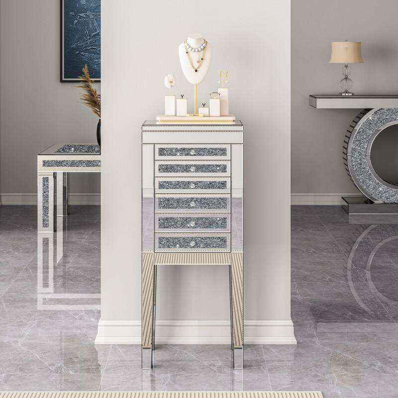 Mirrored Glass Jewelry Armoire with Crushed Diamond Inlay