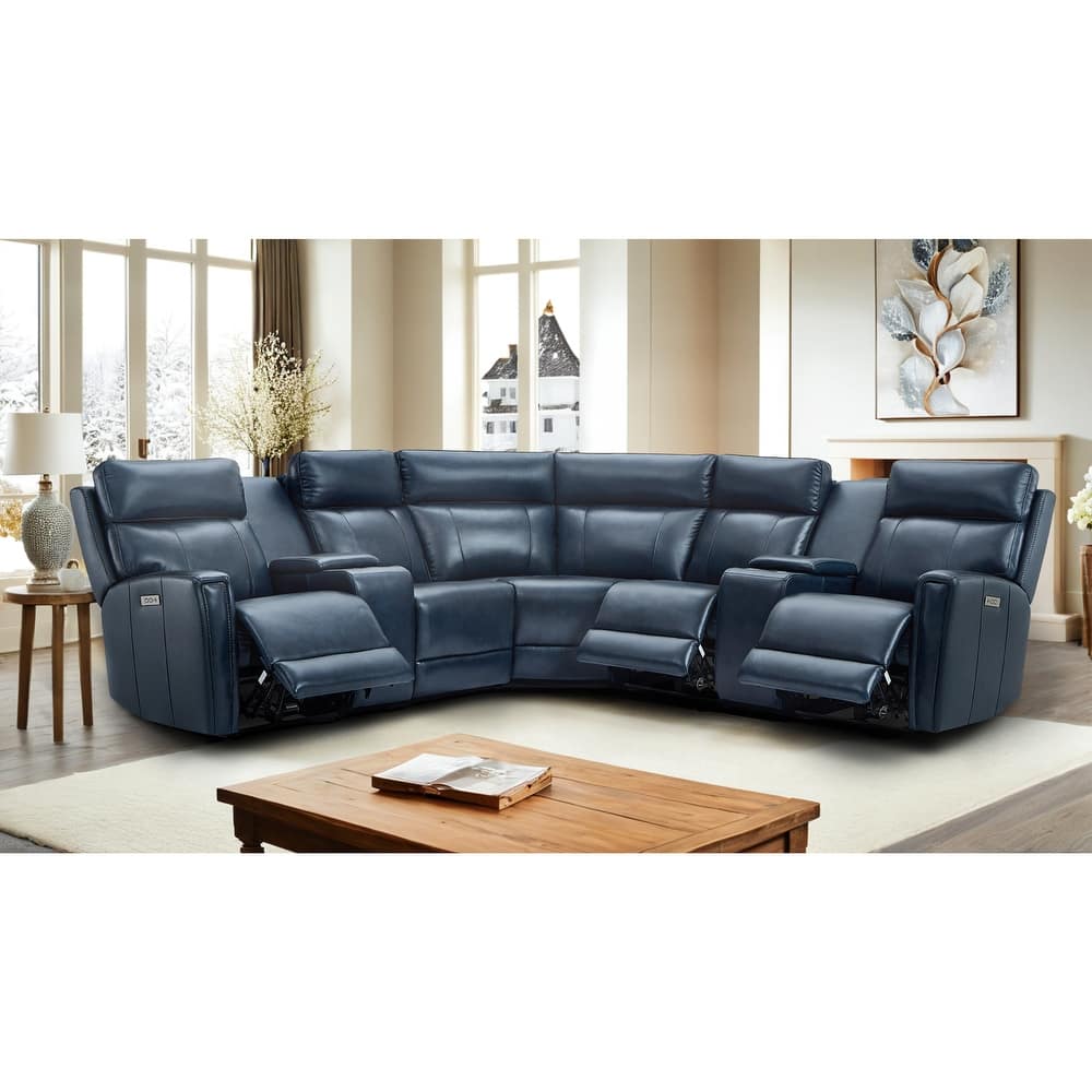 Genuine Leather Power Recliner Sectional Sofa with Ajustable Headrest, USB&USB-C Port