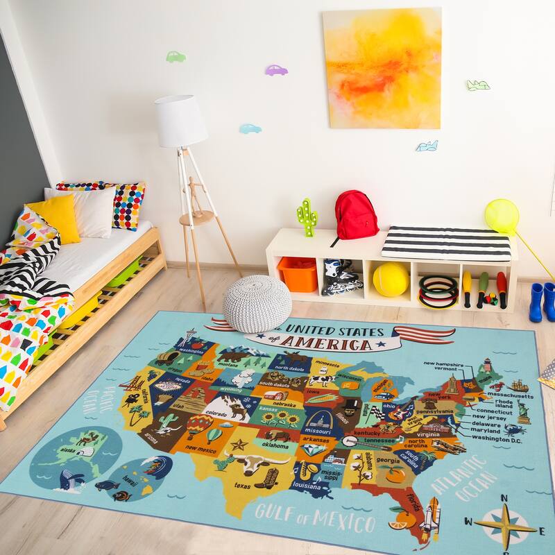 Gertmenian Educational USA State Map Polypropylene Non-Slip Easy Care Digital Printed Youth Area Rug 6'6" x 9'6" - 6' 6" x 9' 6"