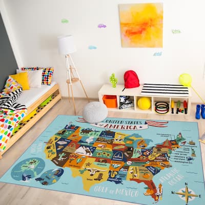Gertmenian Educational USA State Map Polypropylene Non-Slip Easy Care Digital Printed Youth Area Rug 6'6" x 9'6" - 6' 6" x 9' 6"