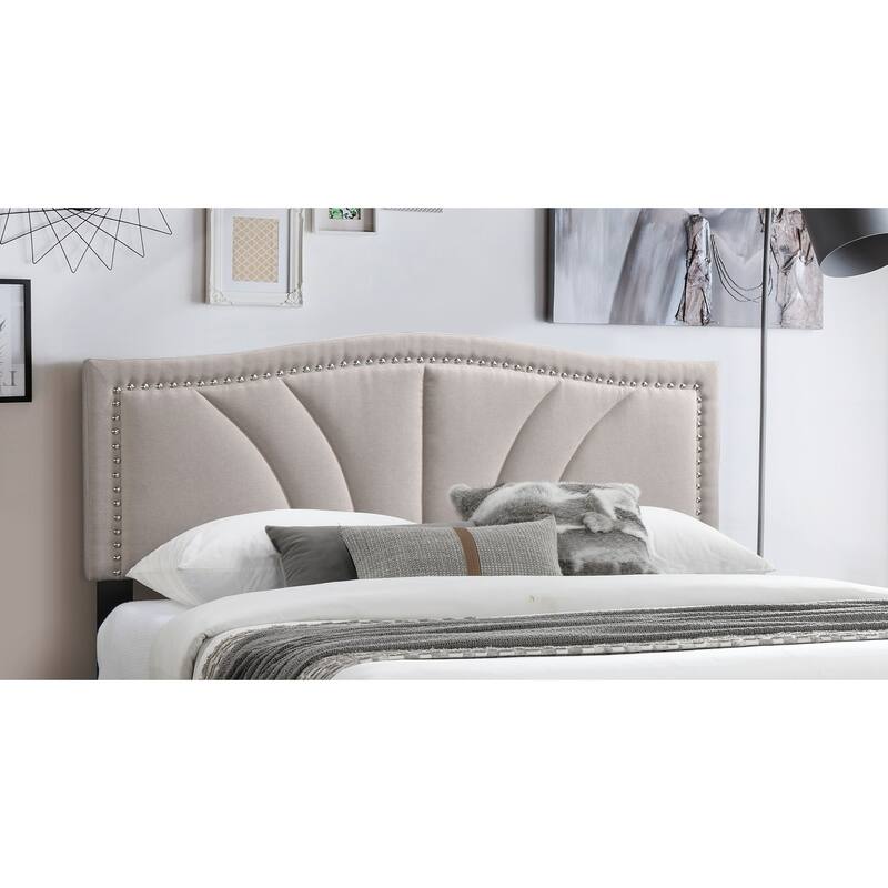 Queen Size Light Brown Burlap Fabric Platform Bed with Nailhead Trim Headboard