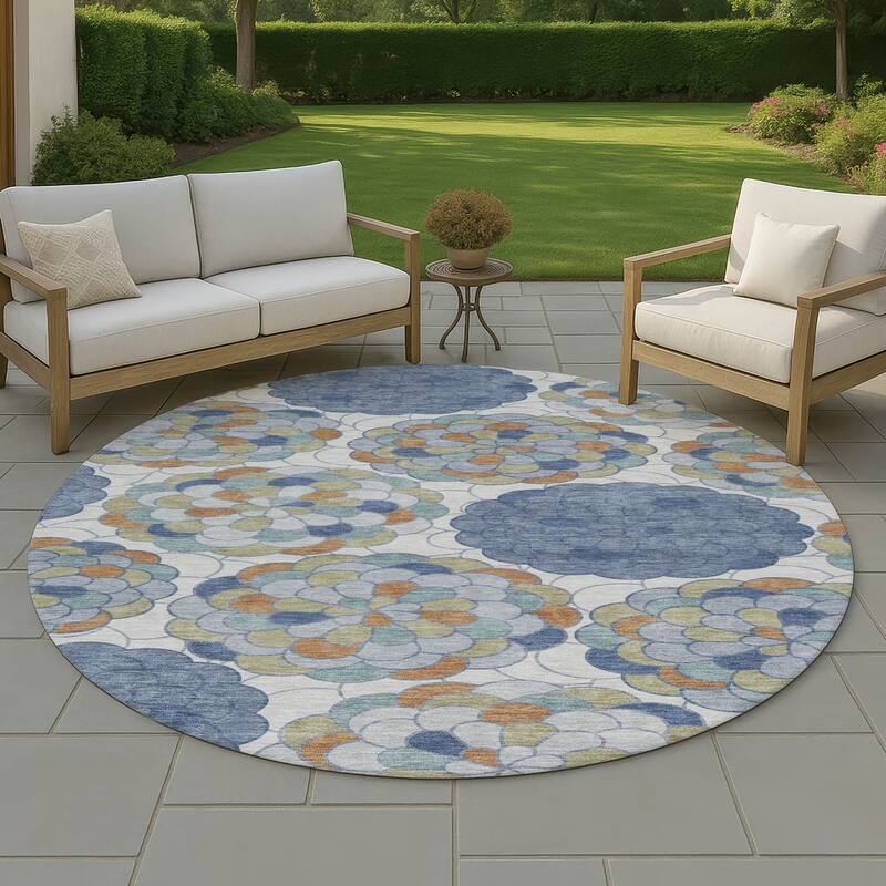 Machine Washable Indoor/ Outdoor Mosaic Cluster Chantille Rug - Denim - 8' x 8'