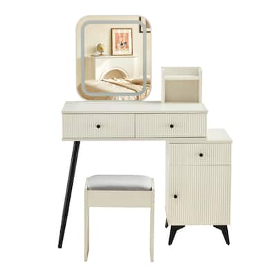 Vanity Desk with LED Square Mirror & Ample Storage