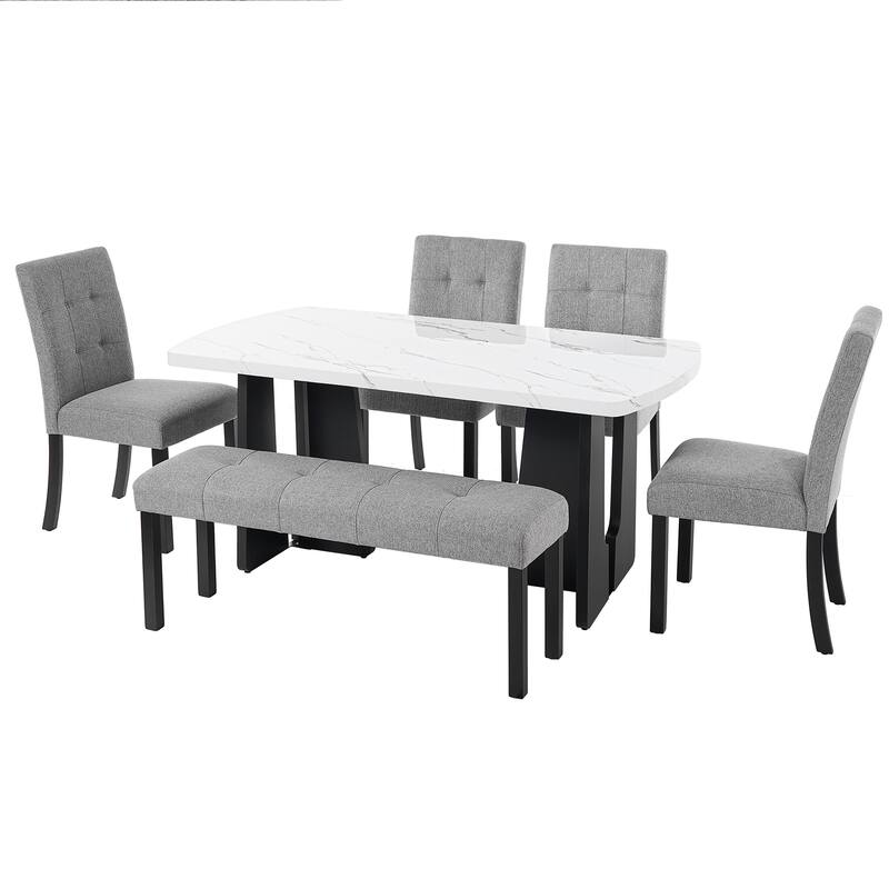 Roomfitters 6 Piece Modern Dining Table Set, 63 Inch Faux Marble Table with Bench and Upholstered Chairs