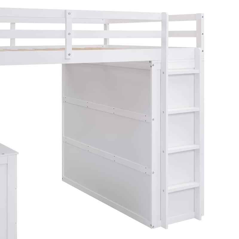 Twin/Full Size High Loft Bed with Built-in Desk, Wardrobe & 3 Drawers