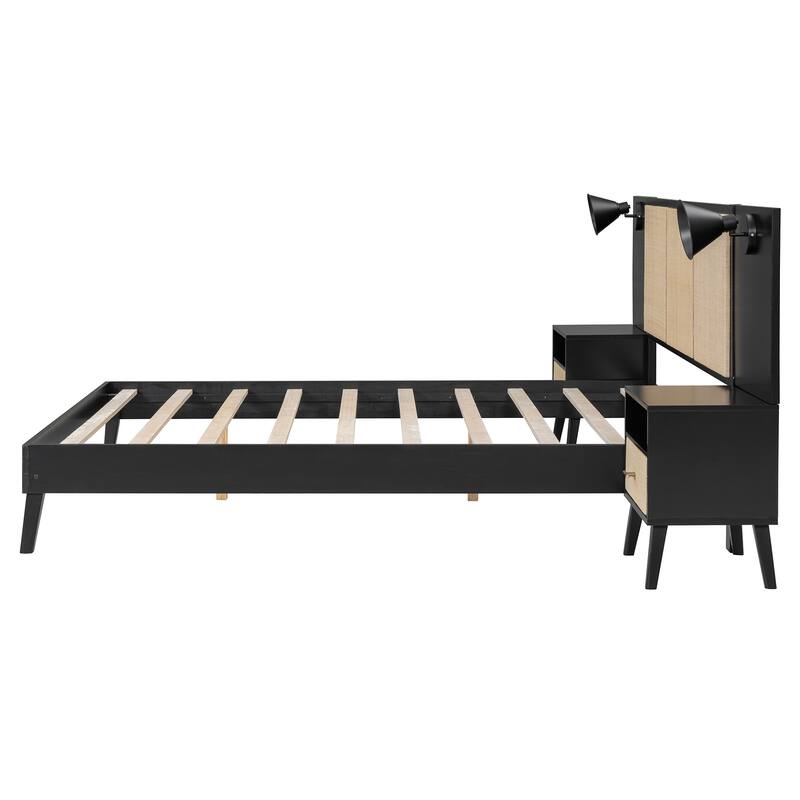 Wood Queen Size Bed Frame Elegant Platform Bed with 2 Storage Nightstands and 2 Lamps, No Box Spring Needed