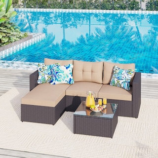 Outdoor 5-piece Rattan Wicker Patio Conversation Set L-Shaped Sectional Sofa Set with Cushion