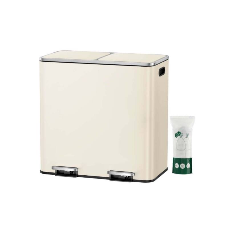 Stainless Steel Dual Trash Can with Soft-Close Lid and Pedals - Almond