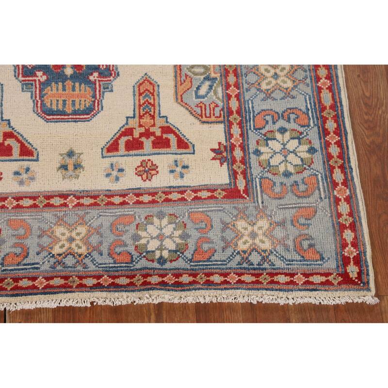 Ivory Geometric Kazak Foyer Rug Handmade Wool Carpet - 3'6" x 5'3"