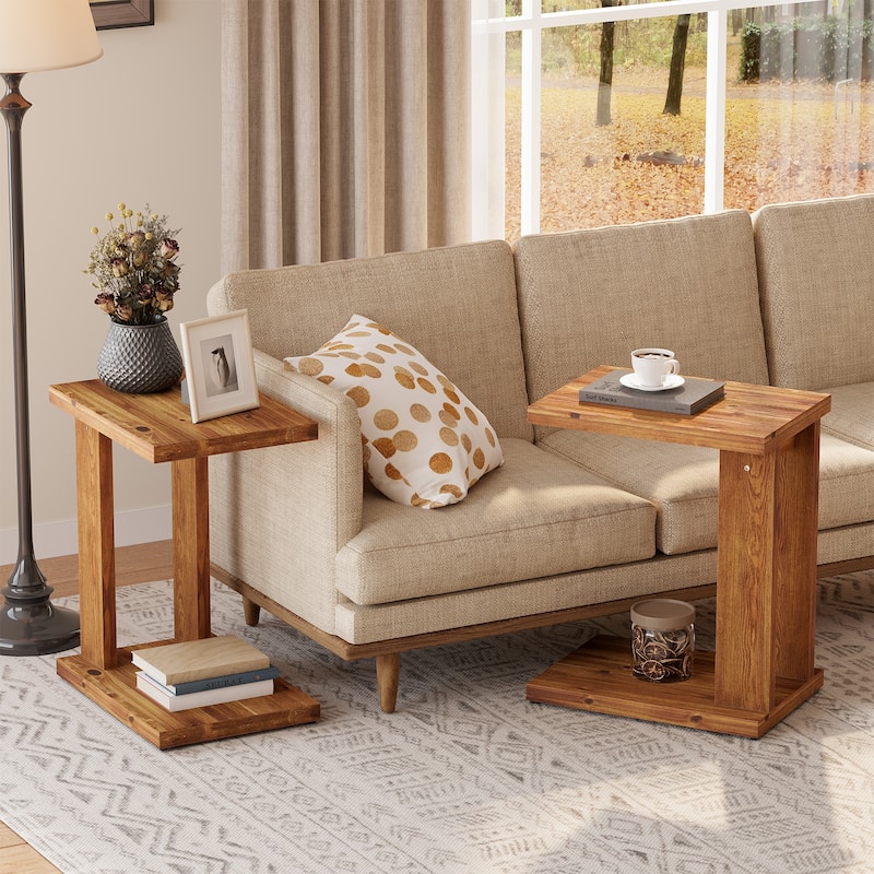 Solid Wood C Shaped Side Table for Couch - Brown-2PCS