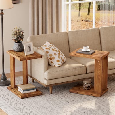 Solid Wood Narrow C-shaped End/Side Table for Couch - 13.8" D x 19.7" W x 23.6" H
