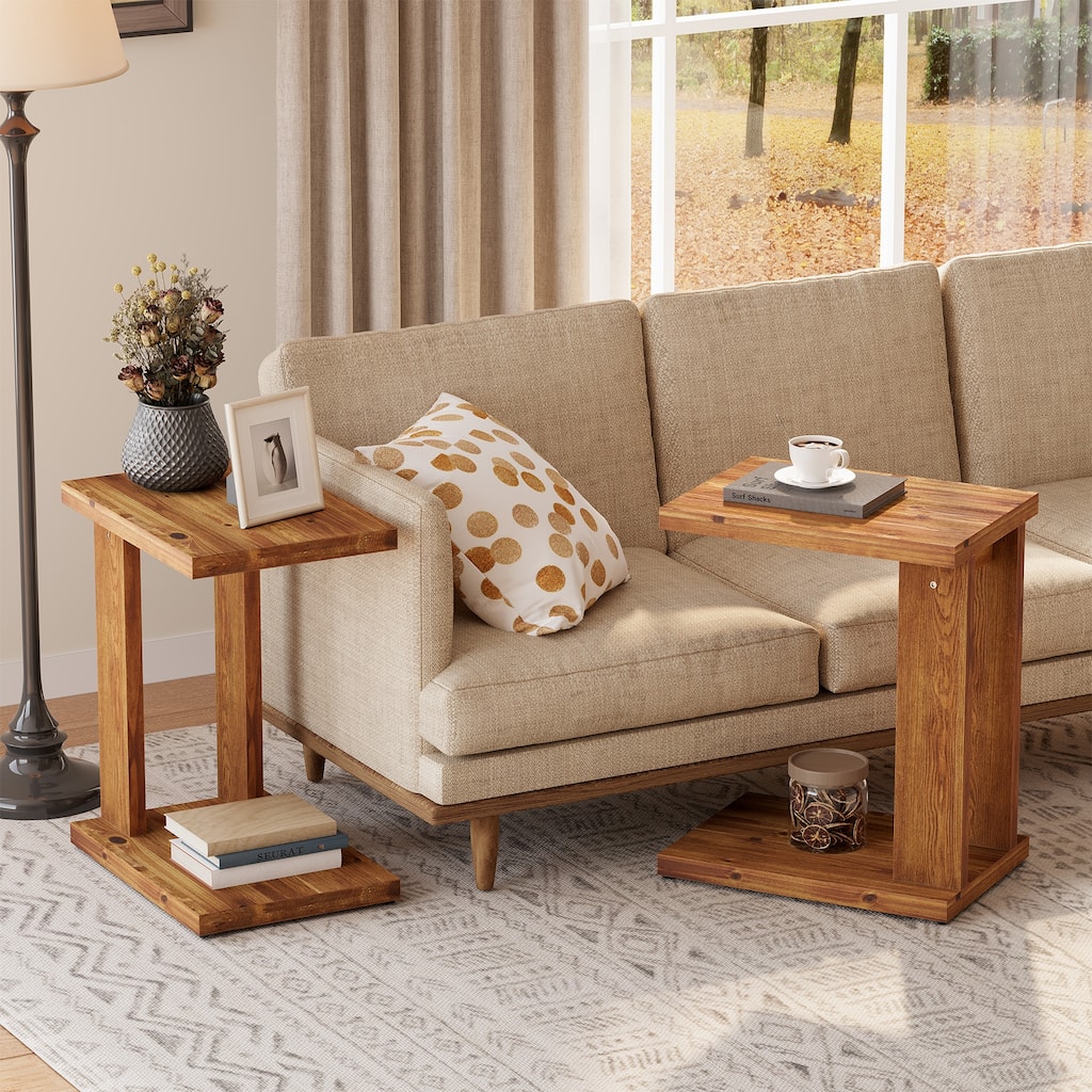 Solid Wood Narrow C-shaped End/Side Table for Couch - 13.8" D x 19.7" W x 23.6" H