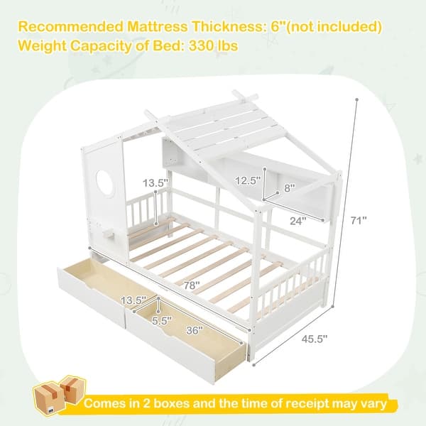 dimension image slide 0 of 2, Gymax Twin Size House Bed Kids Bed Frame w/ 2 Storage Drawers & Fence