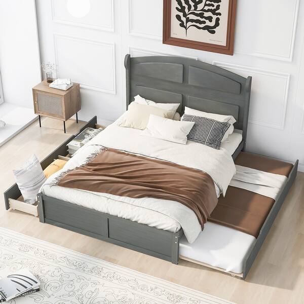 slide 2 of 27, Wood Queen Size Platform Bed with Twin Size Trundle and 2 Drawers