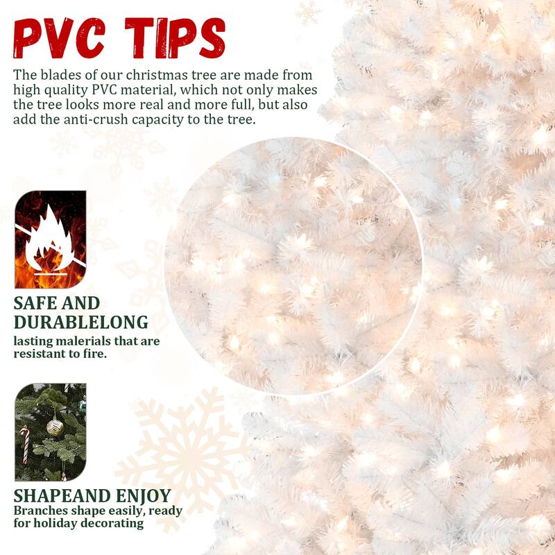 9FT Pre-Lit Christmas Tree with Memory Wire-650 Warm Incandescent Lights, Stable Metal Stand, PVC Artificial Holiday Tree
