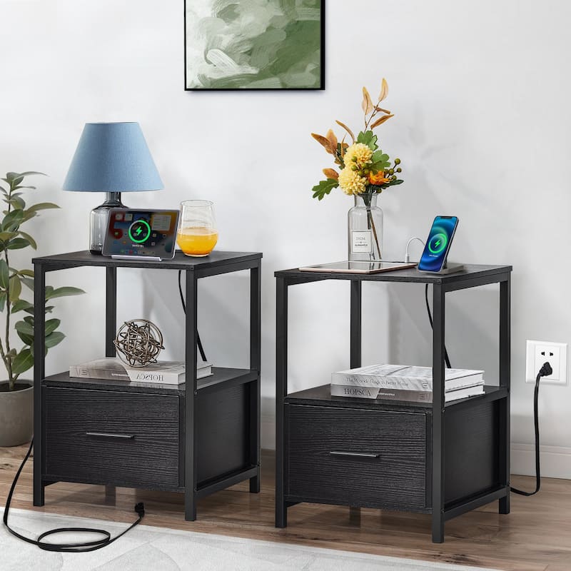 Javlergo Set of 2 Nightstand with Charging Station and Drawers, End Side Tables with Open Storage Shelf