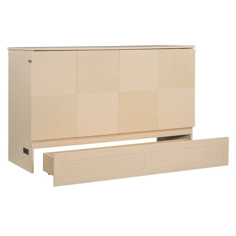 Full/Queen Size Murphy Bed Wall Bed with a Large Drawer, Foldable Murphy Cabinet Bed with a set of Sockets & USB Ports