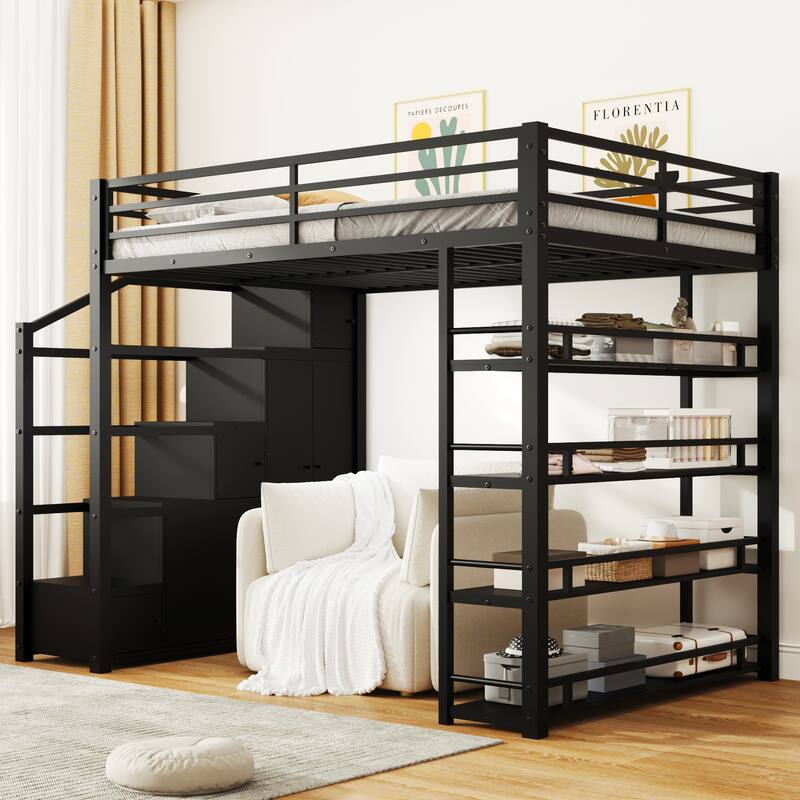 Full Size Metal Loft Bed with Storage Shelves, Cabinets and Wardrobe - Black