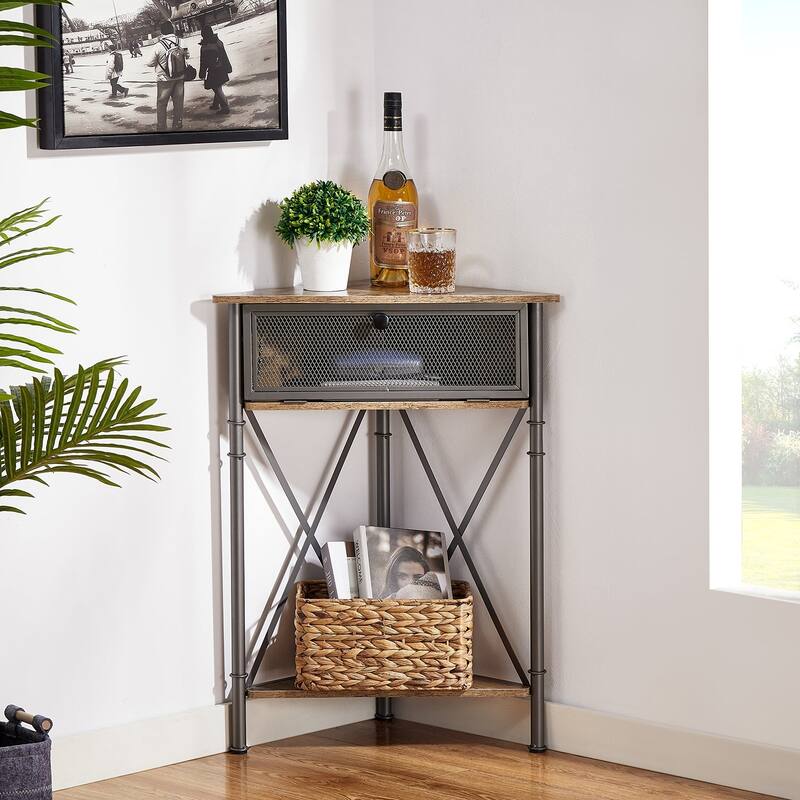 Javlergo Corner Table with Drawer and Storage Shelf, Triangle Freestanding Floor Cabinet for Kitchen, Living Room and Bedroom - Grey