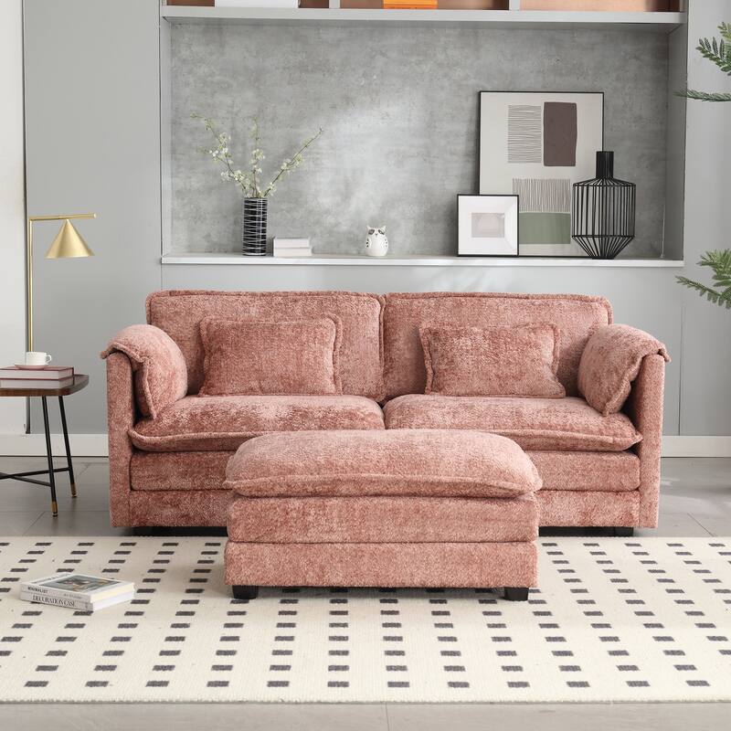 76'' Oversized Chenille Loveseat Sofa with Movable Ottoman Small Sofa for Apartment